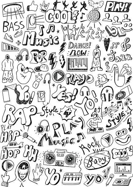 music doodles music - set icons in sketch style teenager doodle stock illustrations