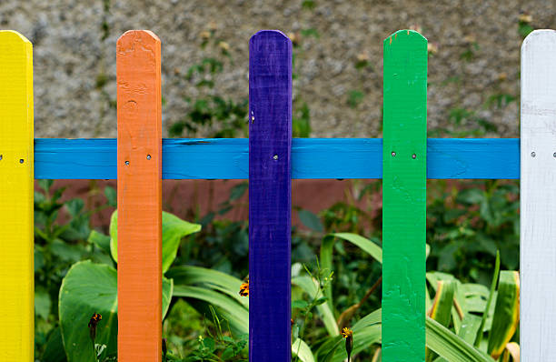 istock Multi colored rainbow wooden fence in garden background 501115234