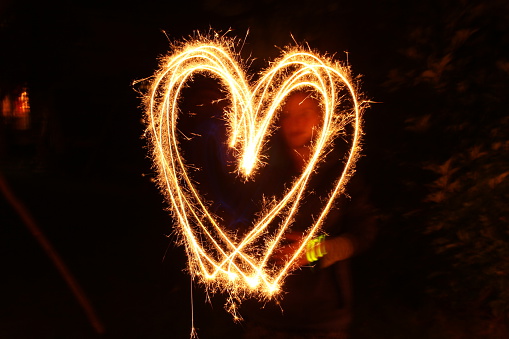 Love heart shape with black background long exposure sparkler
