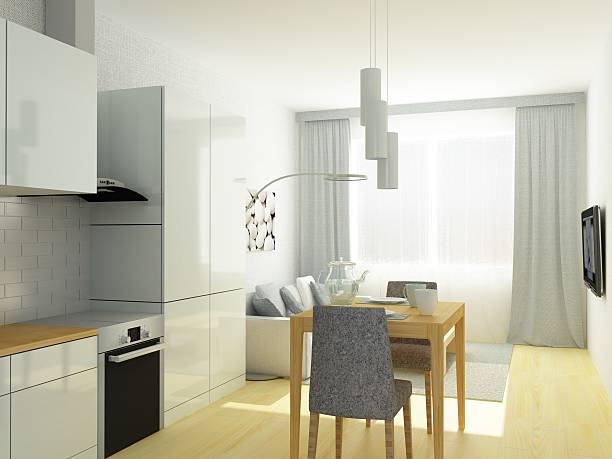 istock Small flat, kitchen and sitting room in light gray colors 501119328