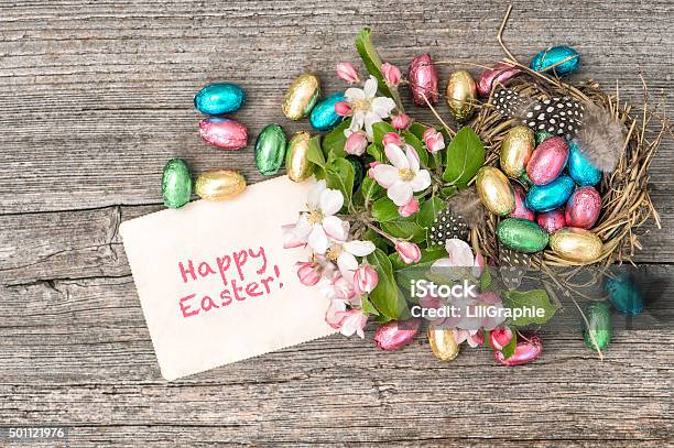 Chocolate Easter Eggs And Apple Tree Blossoms Spring Flowers Stock Photo - Download Image Now