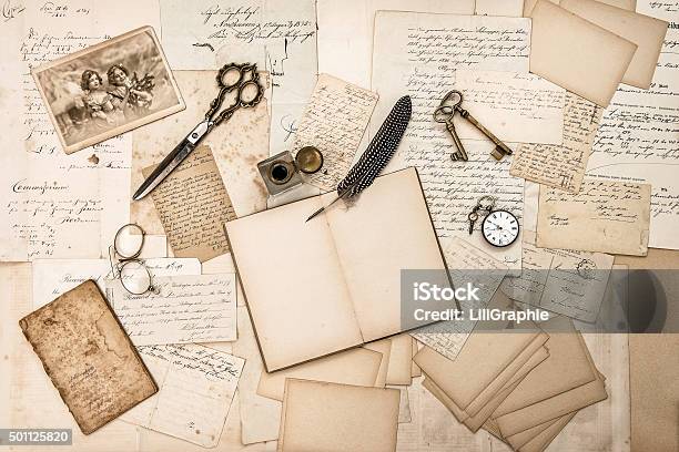 Old Handwritten Letters Pictures And Antique Writing Accessories Stock Photo - Download Image Now