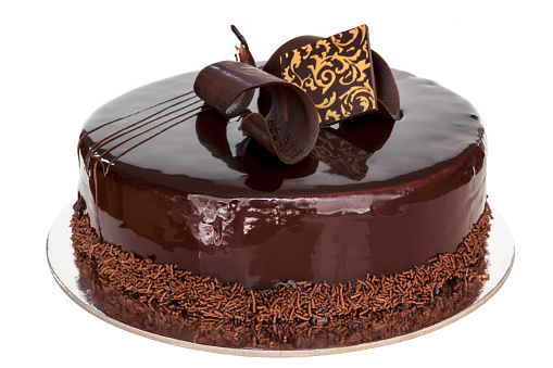 Fancy chocolate cake, whole, isolated on white background.