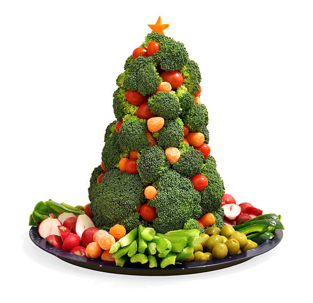 vegan di verdura fatte in casa vacanze con albero di natale piatto di broccoli - broccoli vegetable food isolated foto e immagini stock