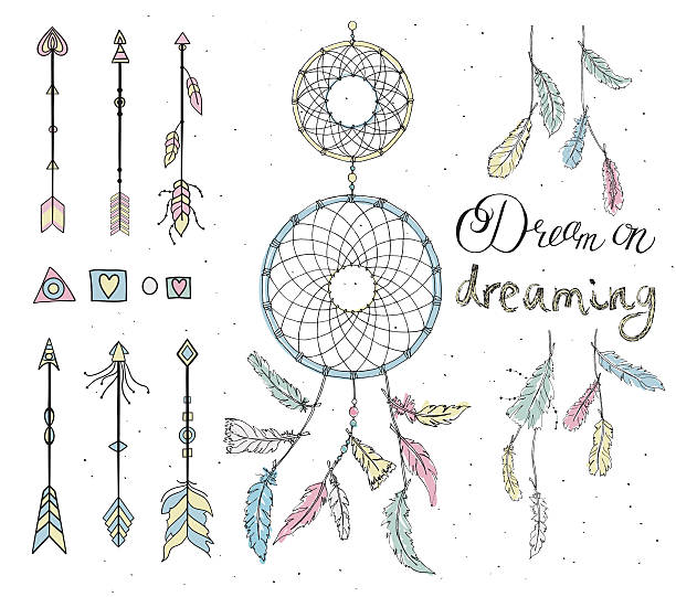 Set of drawn feathers, dream catcher, beads, geometric elements, Set of hand drawn native american feathers, double dream catcher, beads, geometric design elements and arrows. Vector illustration, eps8. symbol north american tribal culture bead feather stock illustrations