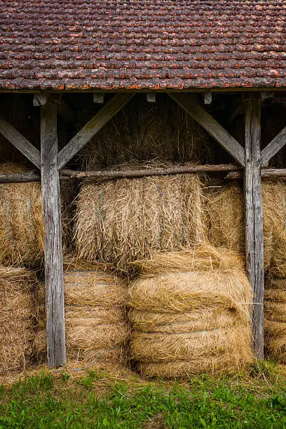 Bundled straw in a hayloft located in the region of Dordogne in France