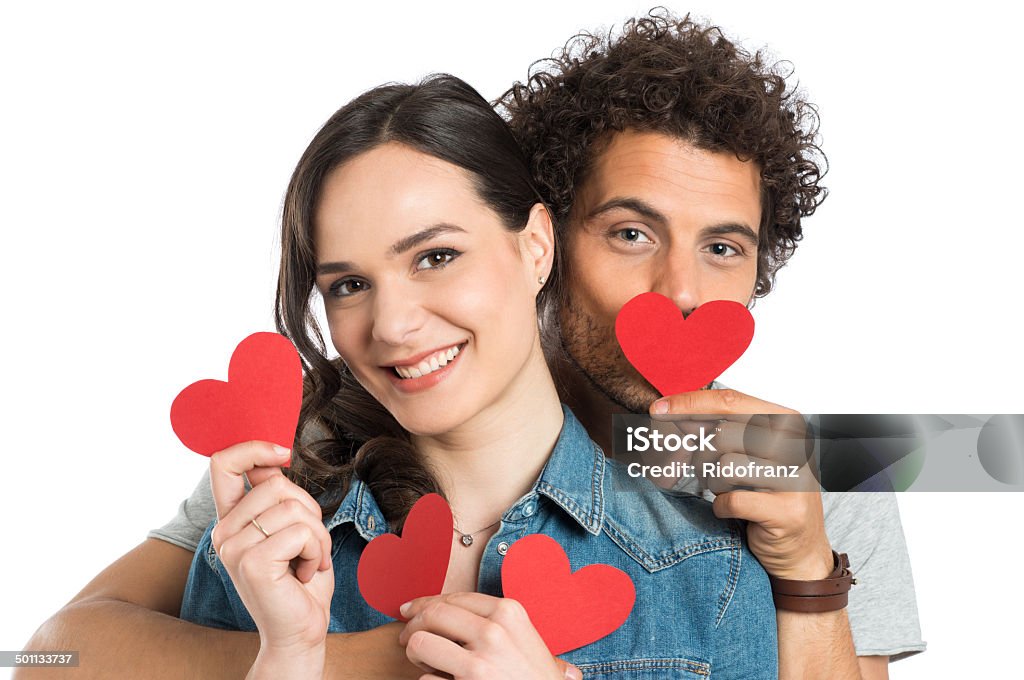 Couple Holding Paper Heart Happy Couple Playing With Paper Heart Isolated On White Background Valentine Card Stock Photo