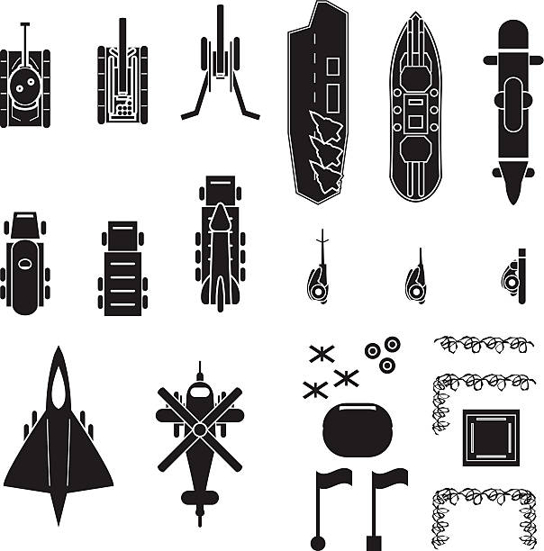 Military and army icons top view for planing and map positioning Military and army icons top view for planing and map positioning pill organizer stock illustrations