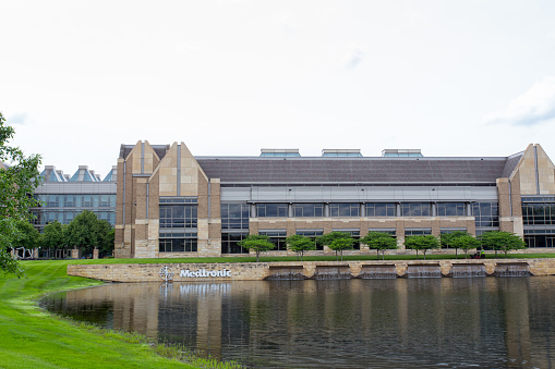 Fridley, United States - June 23, 2014: Medtronic corporate headquarters campus. Medtronicis the world's fourth largest medical device company and is a Fortune 500 company.