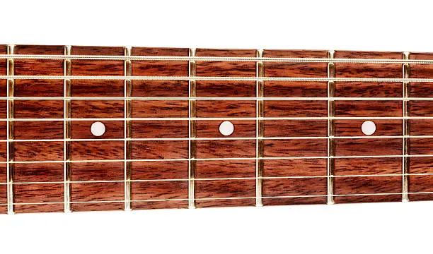 electric eight-string guitar fretboard, isolated on white