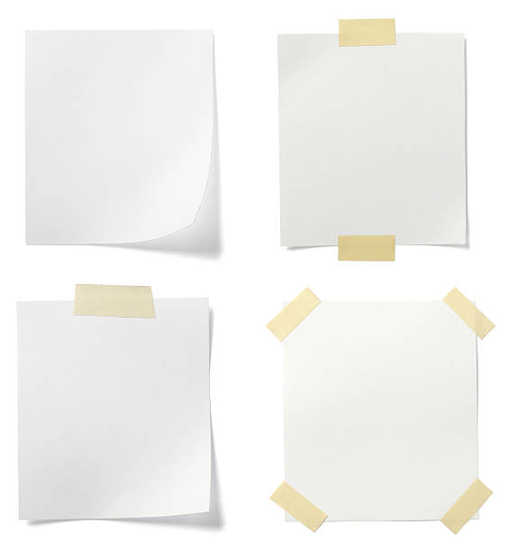 Four blank white pages taped to background collection of  various white note papers on white background. each one is shot separatelycollection of  various white note papers on white background. each one is shot separately adhesive tape photos stock pictures, royalty-free photos & images