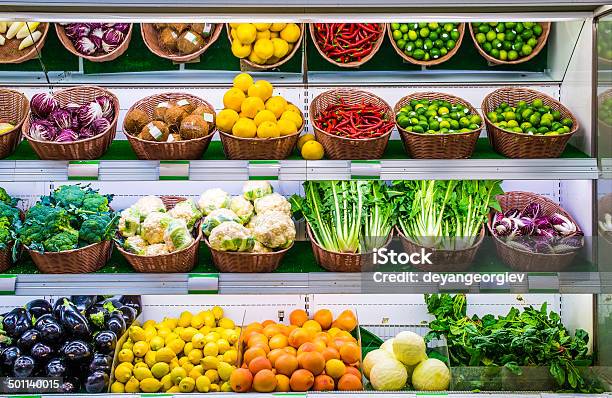 Fruits And Vegetables On A Supermarket Stock Photo - Download Image Now - Supermarket, Vegetable, Fruit