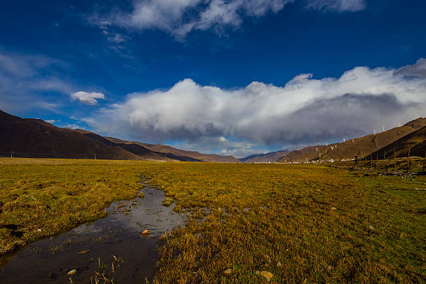 tibet landschaft, tibet, china. - sunrise tranquil scene blue plateau stock-fotos und bilder