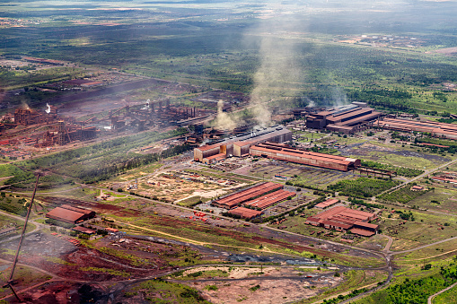 Aerial view of a bauxite mine exploitation and aluminum production in Ciudad Guayana, Venezuela