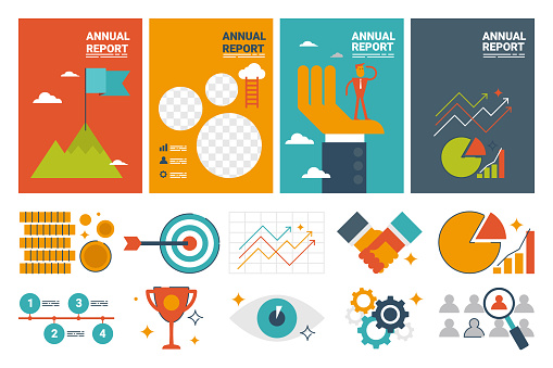 Illustration of annual report cover A4 sheet template and flat design icons elements, ideal for company information or infographic report