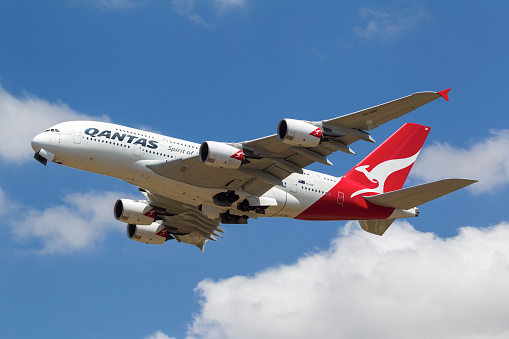 Melbourne, Australia - November 19, 2012: Qantas Airways Airbus A380 registered VH-OQF takes off as QF93 to Los Angeles (LAX) from Melbourne International Airport at Tullamarine, Victoria. 
