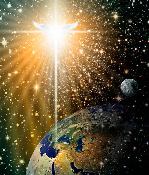 Digital illustration of the Christmas star and angel shining down over Bethlehem, as viewed from outer space. Space and stars are digitally illustrated. Credit NASA for earth and moon images.