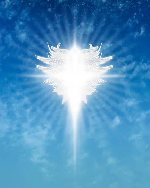 Interpretive digital illustration of an archangel in the sky.