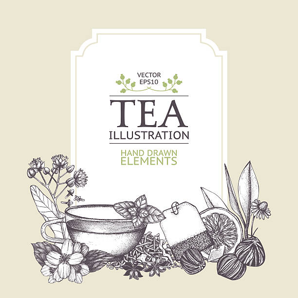 ilustrações, clipart, desenhos animados e ícones de fundo decorativo vintage inking com desenho de chá. - tea cup tea cup herbal medicine