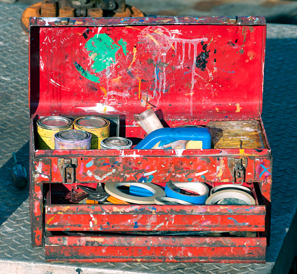 Boat painter's stained and well-used toolbox containing miscellanous objects