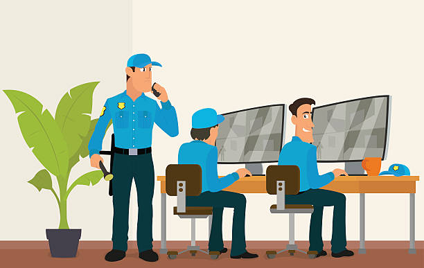 security room in which working professionals security room in which working professionals. surveillance cameras. Vector illustration in a flat style. web radio stock illustrations