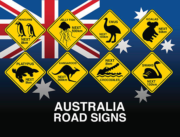австралийский желтая дорога предупреждающие знаки с флагом - kangaroo flag australia australian culture stock illustrations