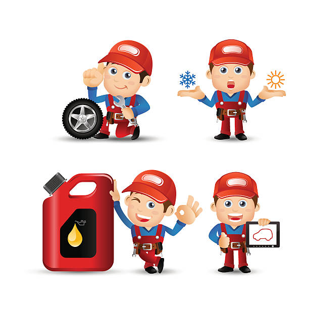 illustrazioni stock, clip art, cartoni animati e icone di tendenza di persone professione-mechanician set-set - engine oil oil oil industry cartoon