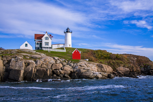 A Classic New England Lighthouse, The Nubble Light In The Afternoon At Cape Neddick, Maine, USA