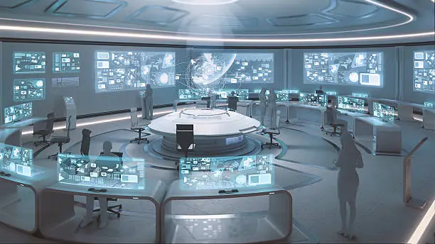 modern, futuristic command center interior with people silhouettes 3d render