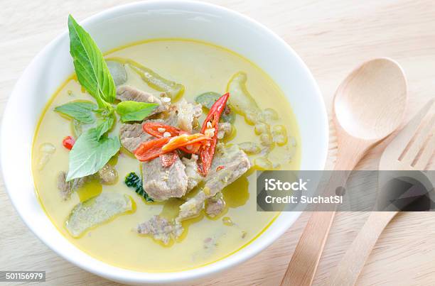 Green Curry With Pork And Woodden Fork Spoon Stock Photo - Download Image Now - Baking, Basil, Brown