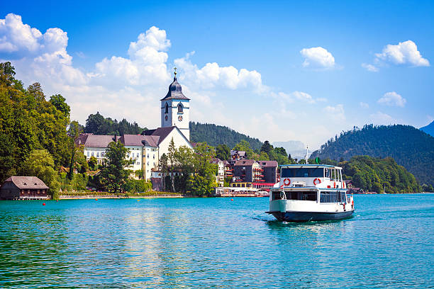 Water bus crossing Wolfgangsee stock photo