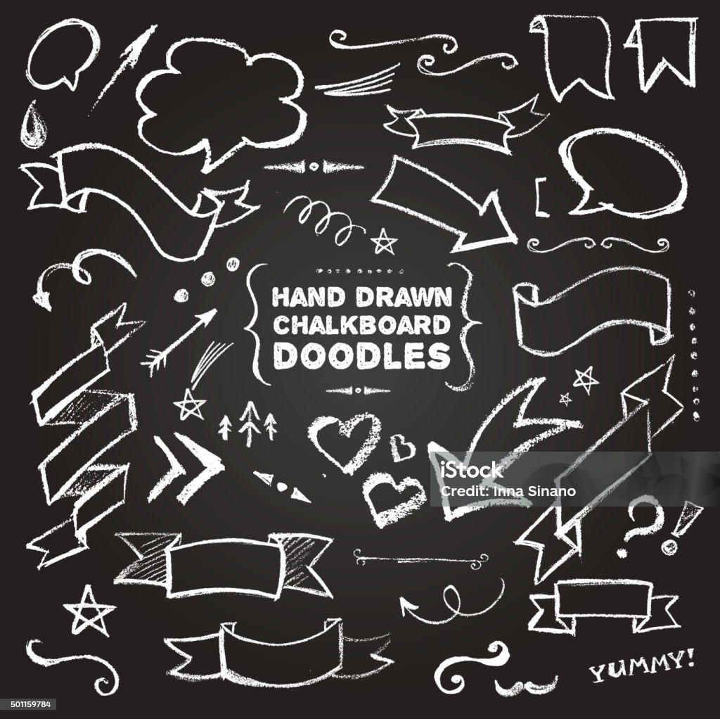 Hand Drawn Chalkboard Doodles Hand Drawn Chalkboard Doodles including bubbles, arrows, banners, decorative elements on black background Chalk Drawing stock vector