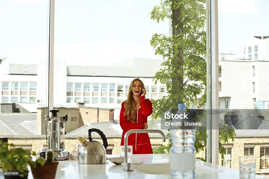 Young woman in an apartment Young woman standing in front of window in the kitchen in her apartment and talking on phone. 20-24 Years Stock Photo