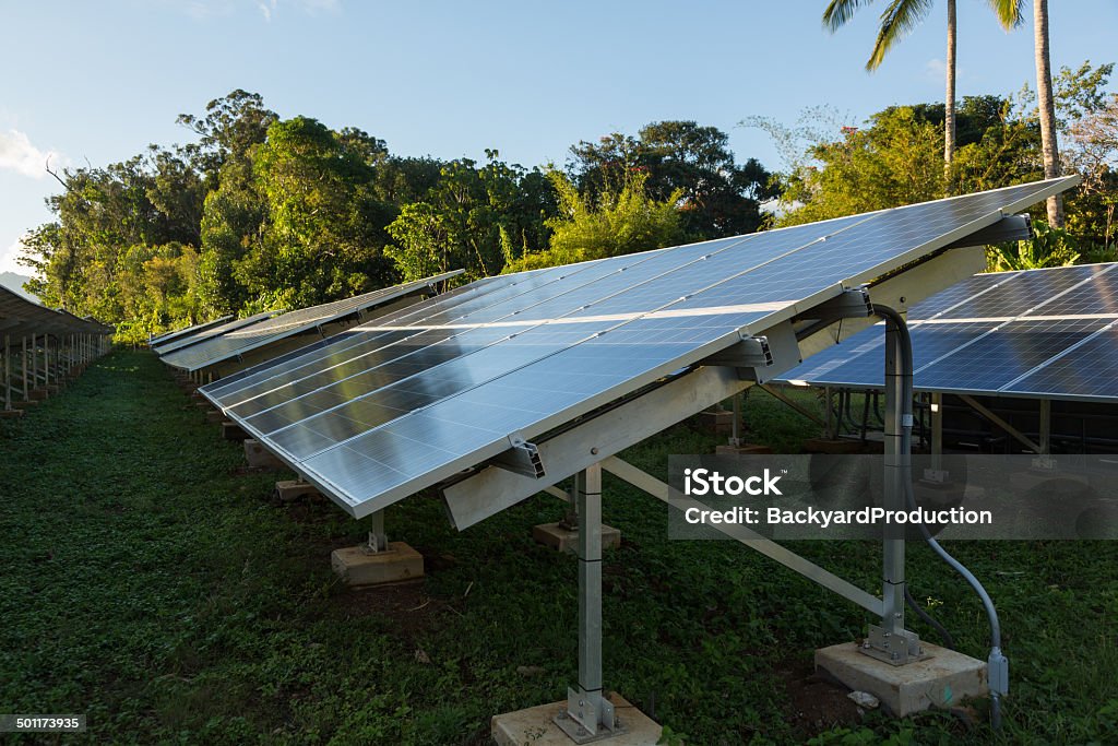 Large solar power installation in tropics Large industrial solar power panels installation in hot tropical environment Business Finance and Industry Stock Photo