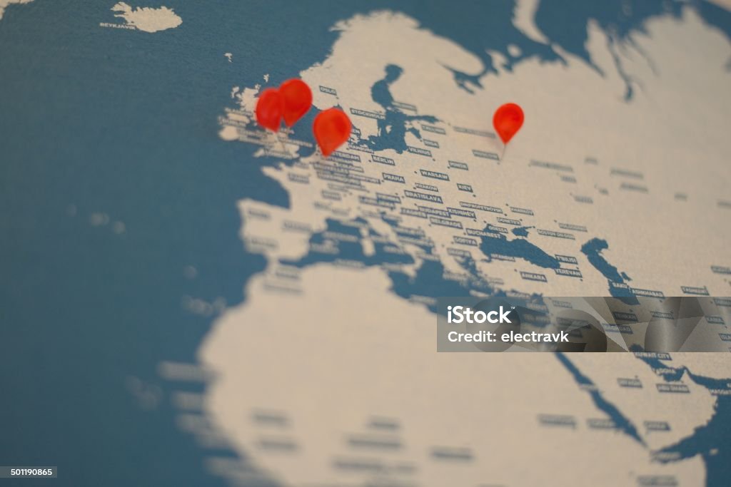Europe Various European countries pinned on a world map. Denmark Stock Photo