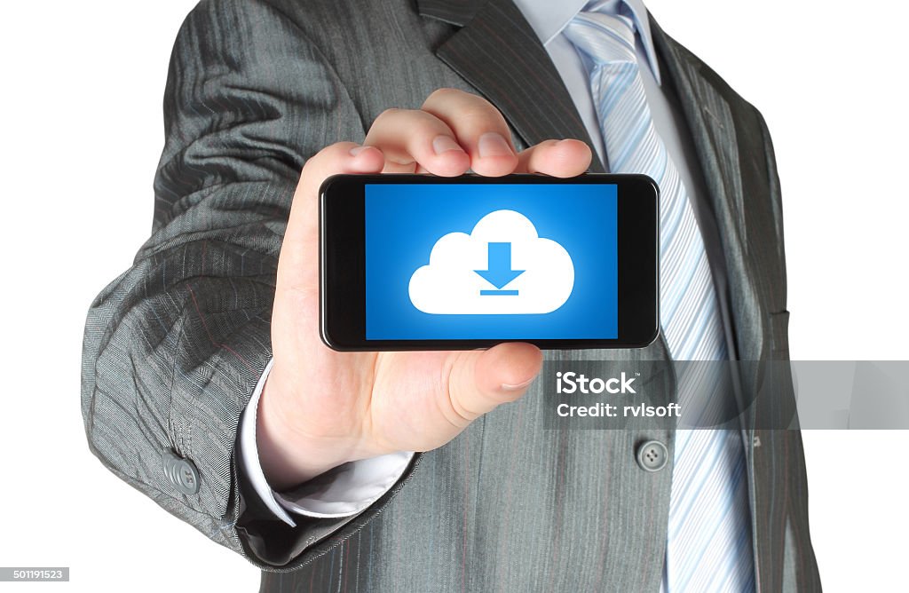 Man holds smart phone with cloud download concept Man holds smart phone with cloud download concept on white background Adult Stock Photo