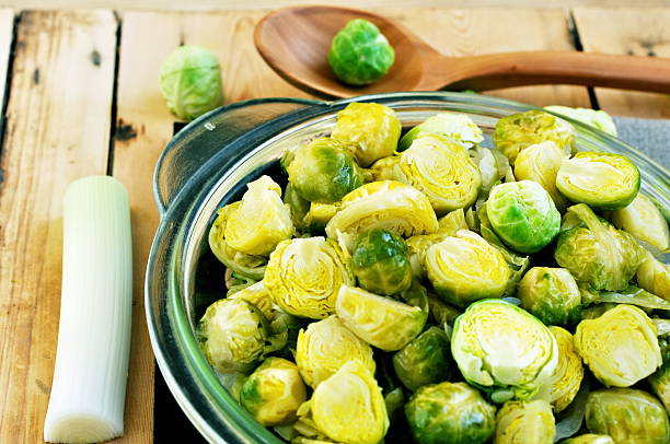 istock Brussels sprouts and leeks stew in the glass plate 501192542