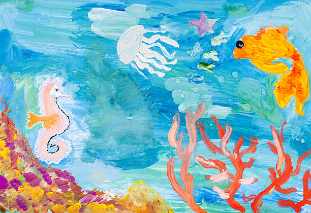 underwater world of the coral reef children painting - underwater world of the coral reef by watercolors childs drawing stock pictures, royalty-free photos & images