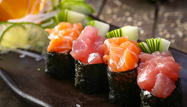 istock Japanese Salmon sushi and sauce closeup 501194190