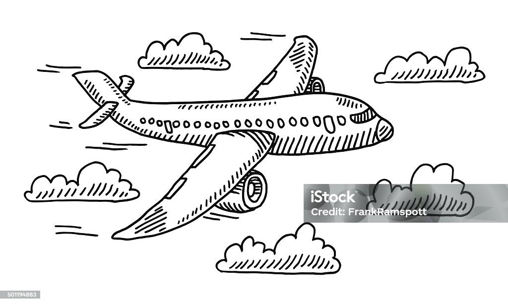 Airplane Sky Clouds Drawing Hand-drawn vector drawing of an Airplane in the Sky and Clouds. Black-and-White sketch on a transparent background (.eps-file). Included files are EPS (v10) and Hi-Res JPG. Airplane stock vector
