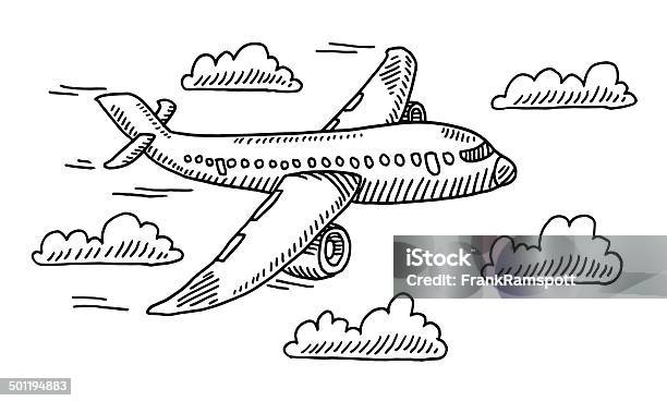 Airplane Sky Clouds Drawing Stock Illustration - Download Image Now - Airplane, Drawing - Art Product, Sketch