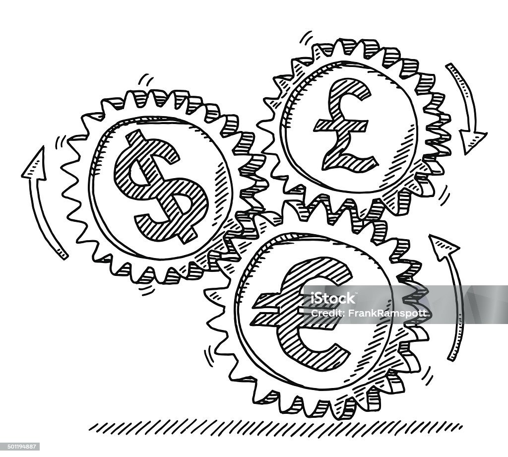 Gears Currencies Connection Drawing Hand-drawn vector drawing of a Currencies Connection Concept with Gears. Black-and-White sketch on a transparent background (.eps-file). Included files are EPS (v10) and Hi-Res JPG. Pound Symbol stock vector
