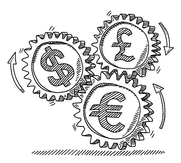 Gears Currencies Connection Drawing Hand-drawn vector drawing of a Currencies Connection Concept with Gears. Black-and-White sketch on a transparent background (.eps-file). Included files are EPS (v10) and Hi-Res JPG. white background dollar sign currency symbol dependency stock illustrations