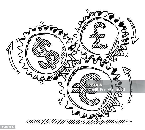 Gears Currencies Connection Drawing Stock Illustration - Download Image Now - Pound Symbol, Drawing - Art Product, Sketch