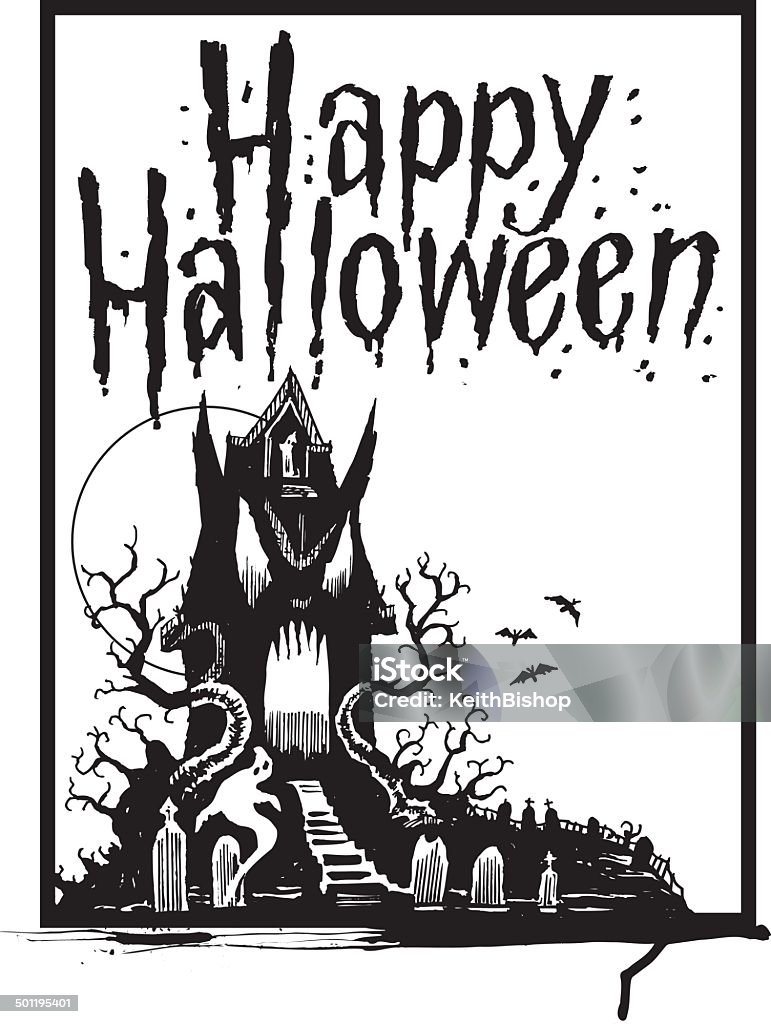 Haunted House con fantasmi e Cimitero-felice Halloween - arte vettoriale royalty-free di Bianco e nero