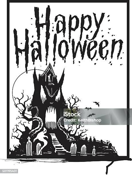 Haunted House Con Fantasmi E Cimiterofelice Halloween - Immagini vettoriali stock e altre immagini di Bianco e nero