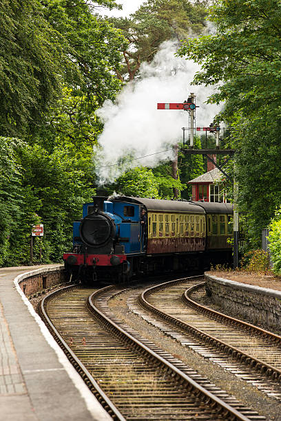 Lakeside and Haverthwaite Railway Haverthwaite, England - June 14, 2014 - Train arriving at a station of Lakeside and Haverthwaite Railway, a steam railway located in the picturesque Leven Valley. grasmere stock pictures, royalty-free photos & images