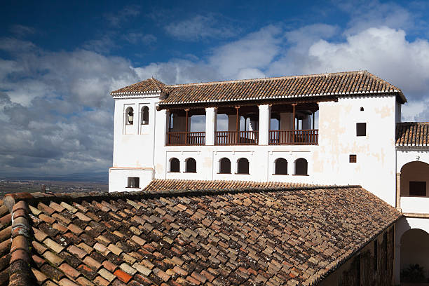 White building in the Generalife palace with aerial view at Granada, Spain
