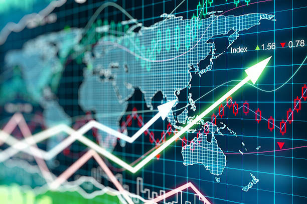 istock Business chart with glowing arrows and world map 501199714