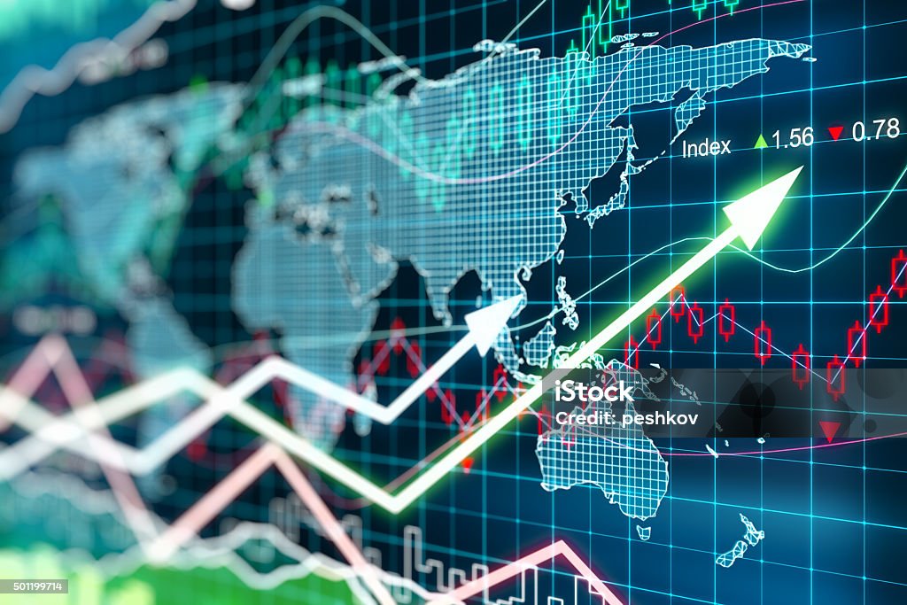 Business chart with glowing arrows and world map Stock Market and Exchange Stock Photo